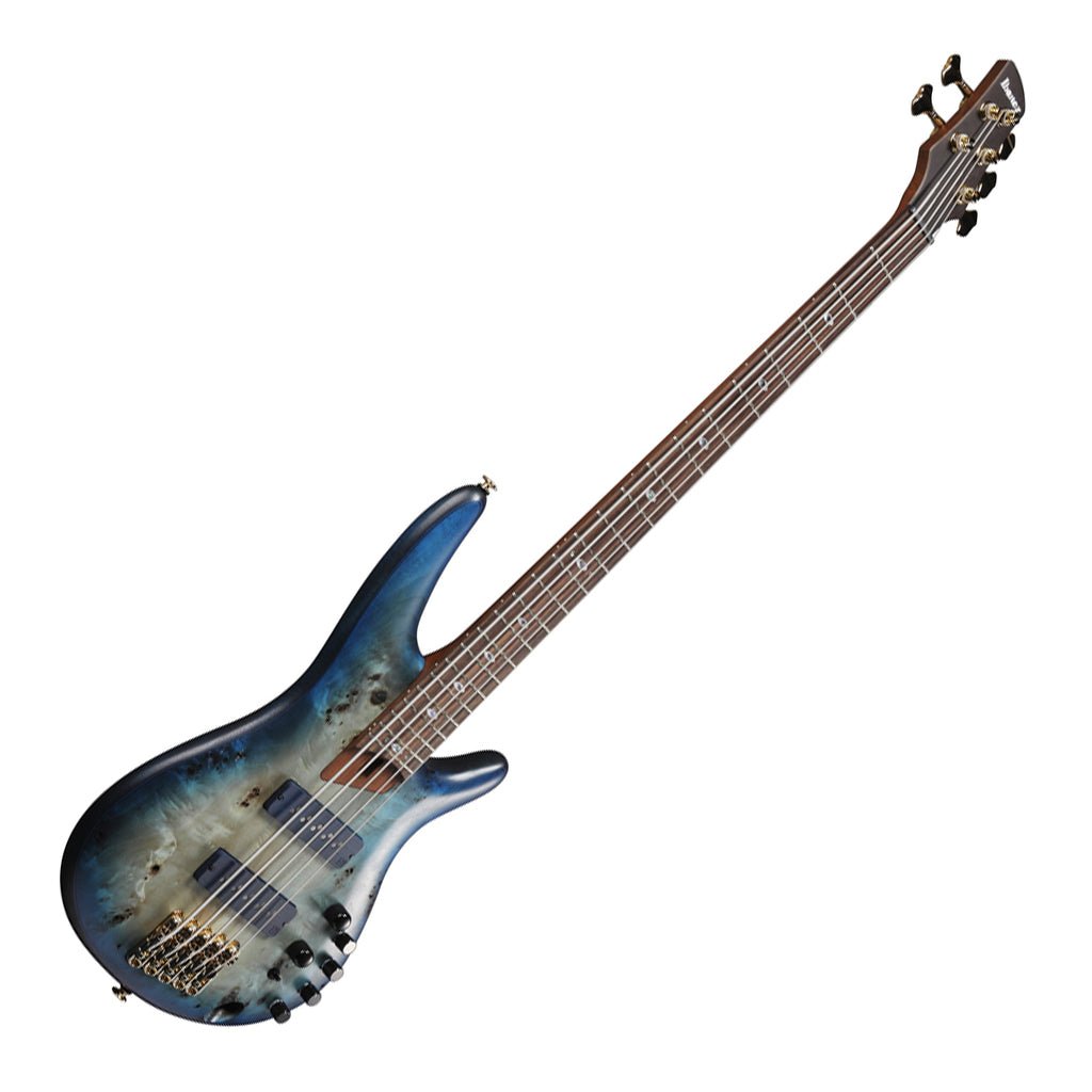 Ibanez SR6605 5-String Bass Mappa Burl Top with Rosewood Fretboard and Case - Ghost Fleet Blue Burst Bass Guitars Sky Music