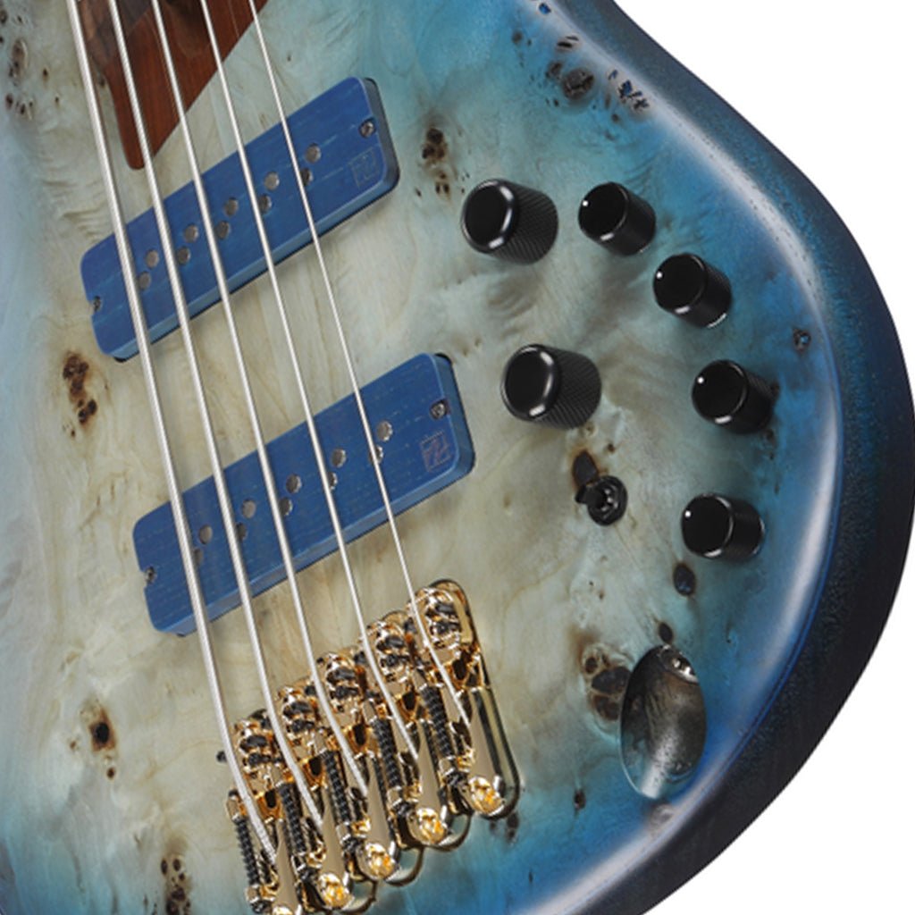 Ibanez SR6605 5-String Bass Mappa Burl Top with Rosewood Fretboard and Case - Ghost Fleet Blue Burst Bass Guitars Sky Music