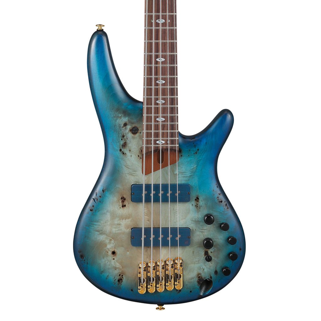 Ibanez SR6605 5-String Bass Mappa Burl Top with Rosewood Fretboard and Case - Ghost Fleet Blue Burst Bass Guitars Sky Music