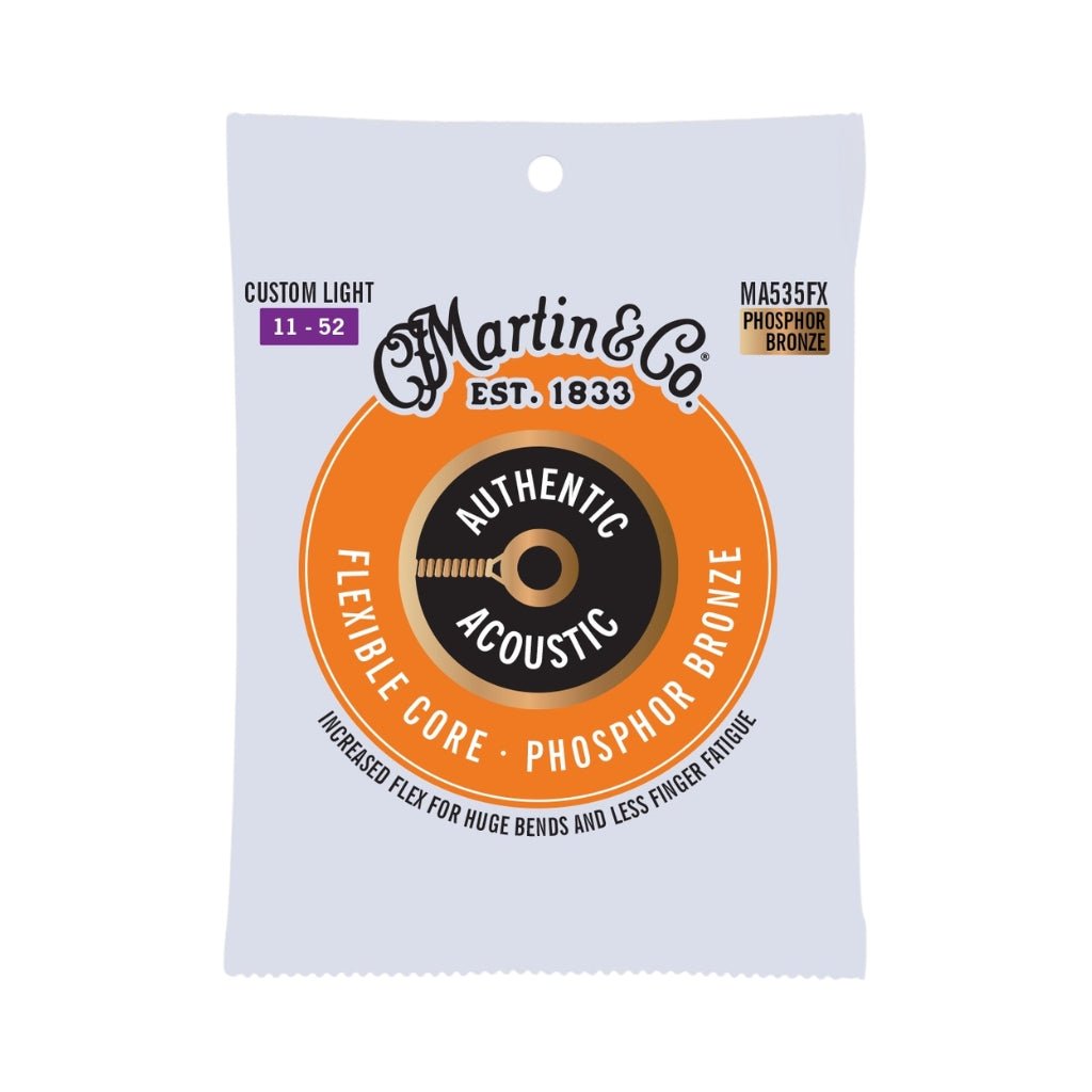 Martin MA535FX Authentic Acoustic Flexible Core 92/8 Phosphor Bronze Guitar Strings - .011-.052 Custom Light Fretted Instrument Strings Sky Music