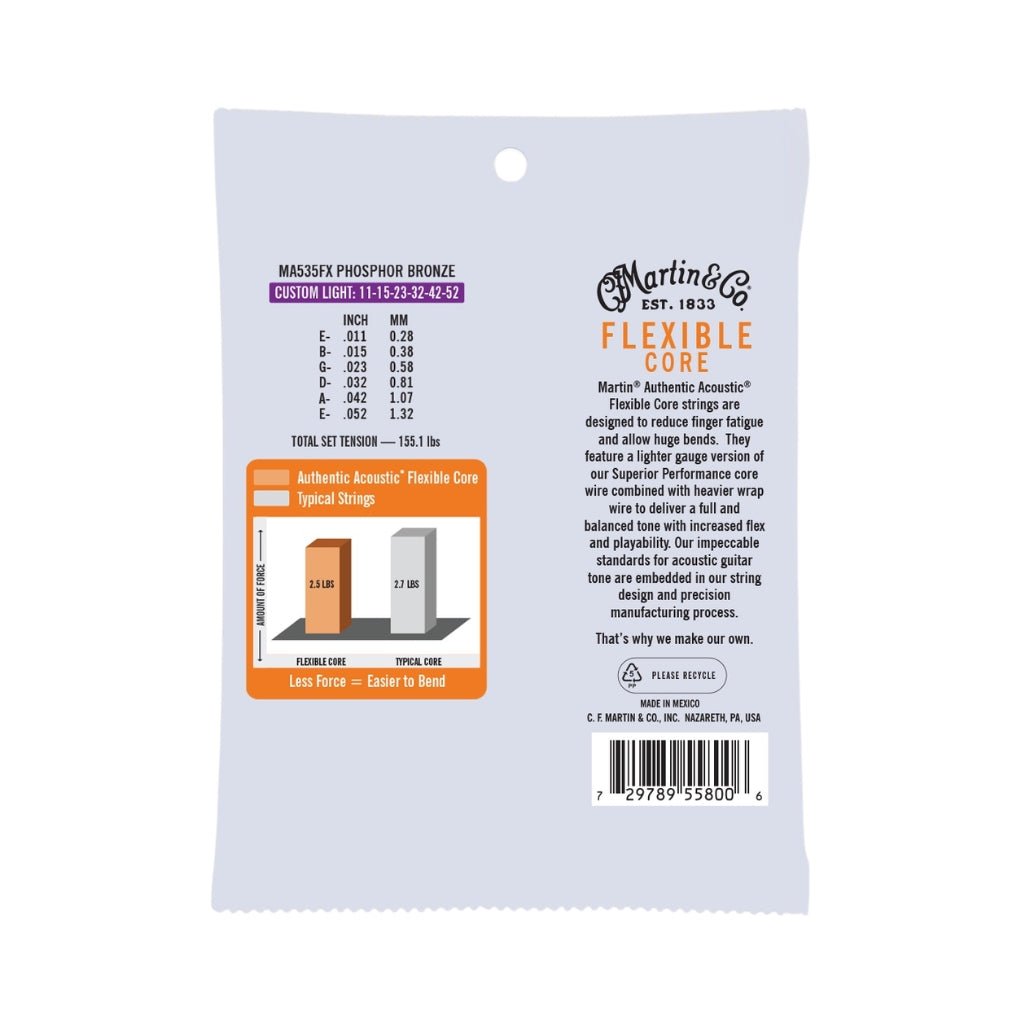Martin MA535FX Authentic Acoustic Flexible Core 92/8 Phosphor Bronze Guitar Strings - .011-.052 Custom Light Fretted Instrument Strings Sky Music