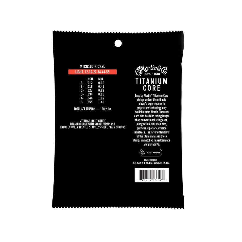 Martin MTCN160 - Titanium Core Strings - Light Tension 12-55 Guitar Strings Fretted Instrument Strings Sky Music