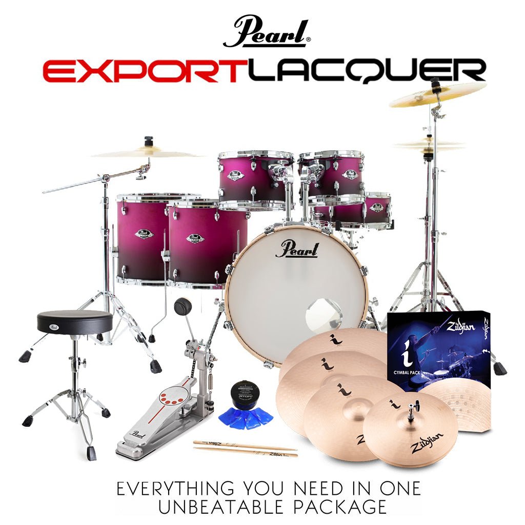 Pearl Export Lacquer EXL 22" Fusion Plus Drum Kit with Cymbals &amp; Hardware - Raspberry Sunset Acoustic Drums Sky Music