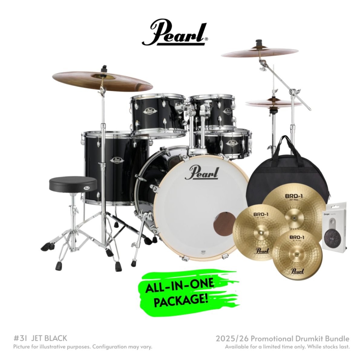 Pearl Export Plus 5pc 22" Fusion Plus Drum Kit with Pearl Cymbals - Jet Black Acoustic Drums Sky Music