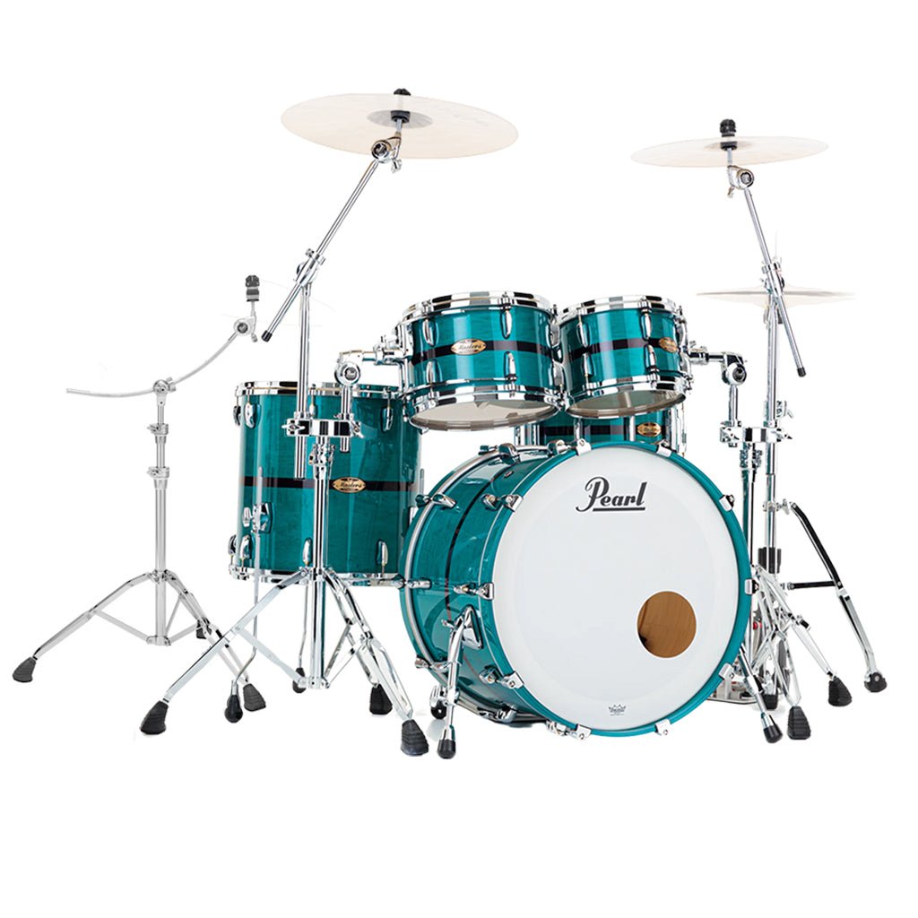 Pearl Masters Maple Gum 22" 5-Piece (10, 12, 16, 22, 14 Snare) with Hardware Pack - Aqua Turquoise Stripe Acoustic Drums Sky Music