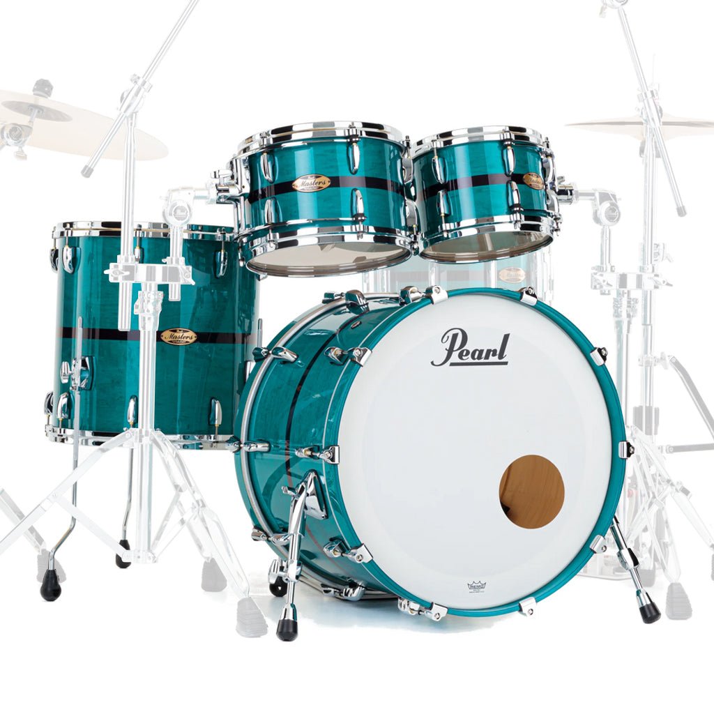 Pearl Masters Maple Gum 4pc Shell Pack (2216BX, 1007T, 1208T,1616F) - Aqua Turquoise Stripe Acoustic Drums Sky Music