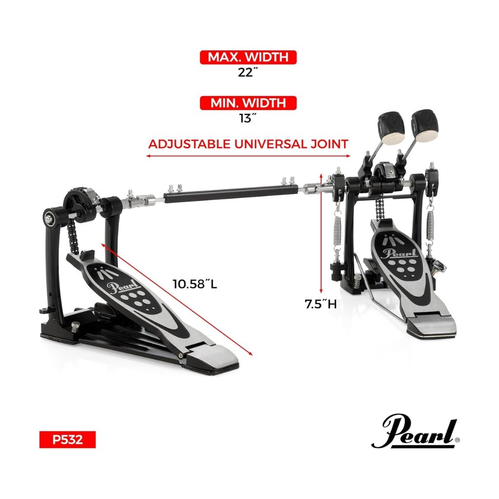 Pearl P532 Double Bass Drum Pedal - Double Chain, 2-Way Beater Drum Hardware Sky Music