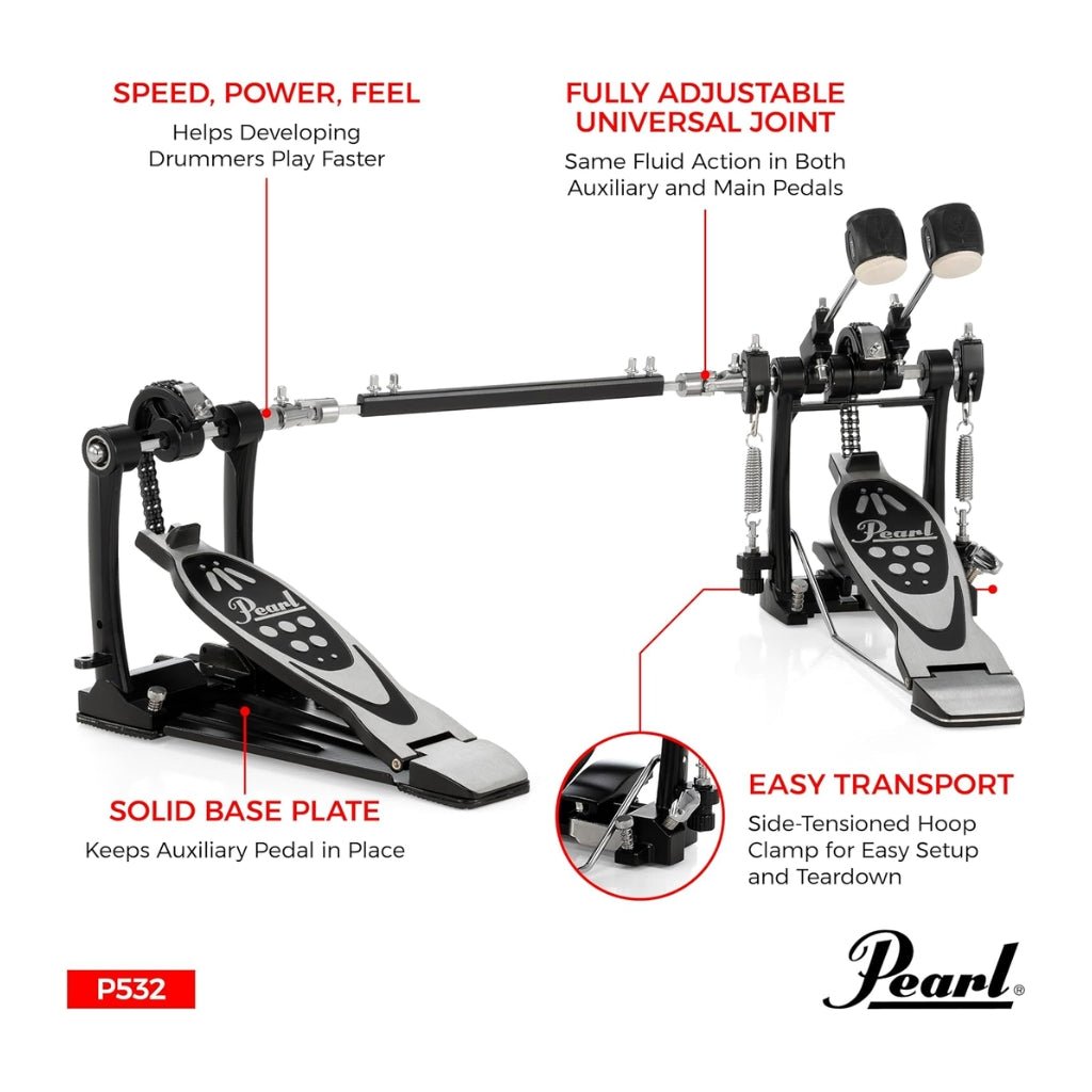 Pearl P532 Double Bass Drum Pedal - Double Chain, 2-Way Beater Drum Hardware Sky Music
