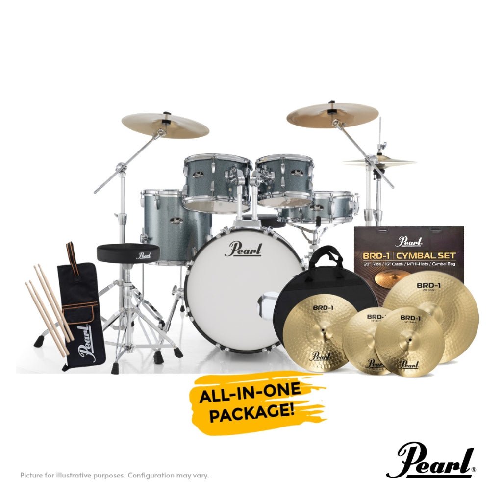 Pearl Roadshow-PLUS 5-PC Drum Kit Package 20/10/12/14 - Aqua Blue Glitter Acoustic Drums Sky Music