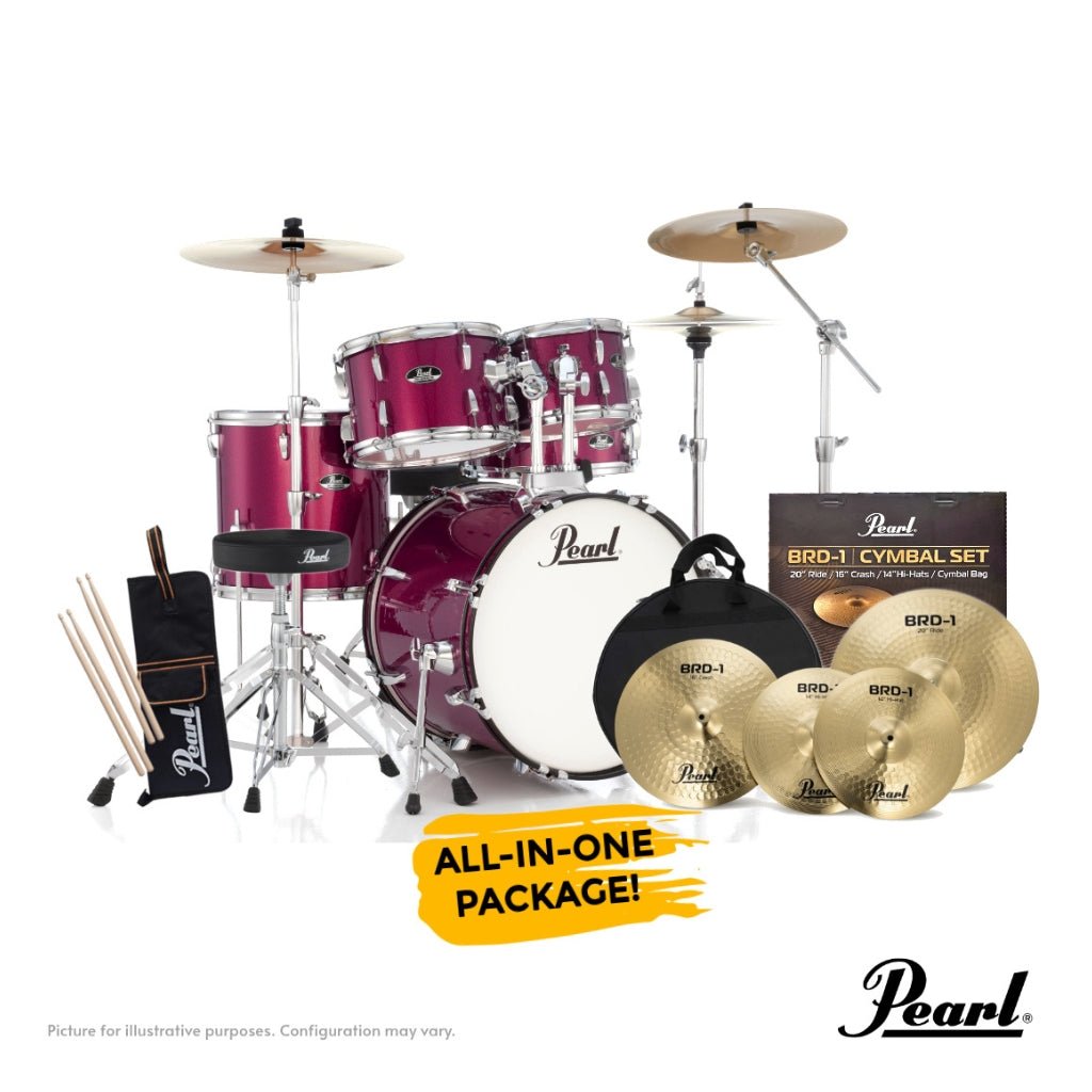 Pearl Roadshow-PLUS 5-PC Drum Kit Package 20/10/12/14 - Pink Metallic Acoustic Drums Sky Music
