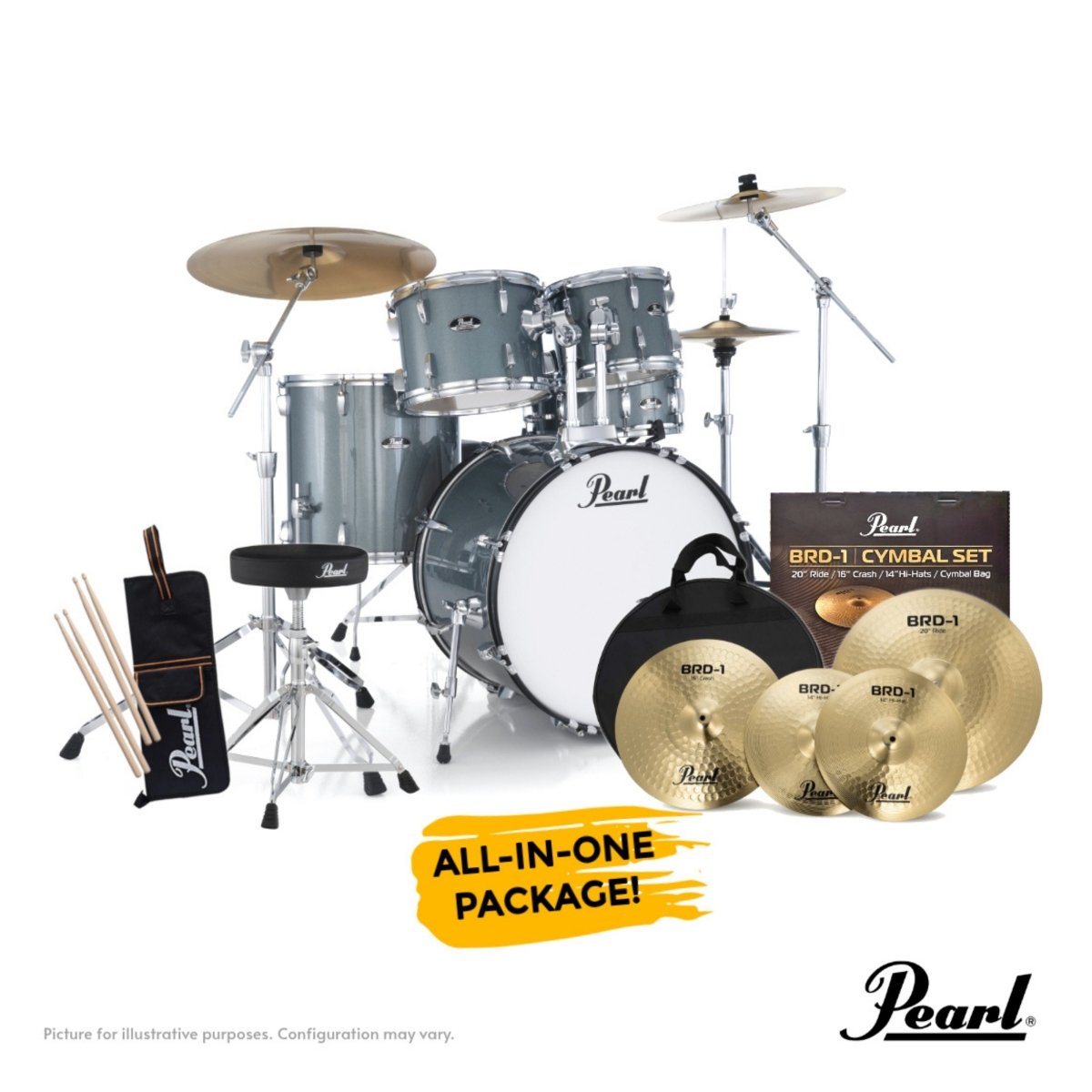 Pearl Roadshow-PLUS 5-PC Drum Kit Package 22/10/12/16 - Aqua Blue Glitter Acoustic Drums Sky Music