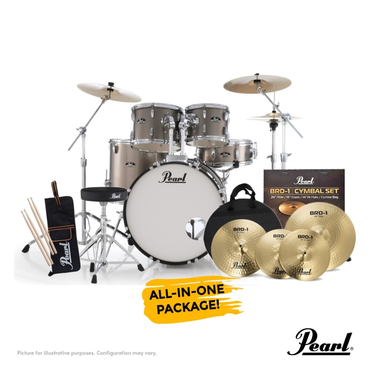 Pearl Roadshow-PLUS 5-PC Drum Kit Package 22/10/12/16 - Bronze Metallic Acoustic Drums Sky Music