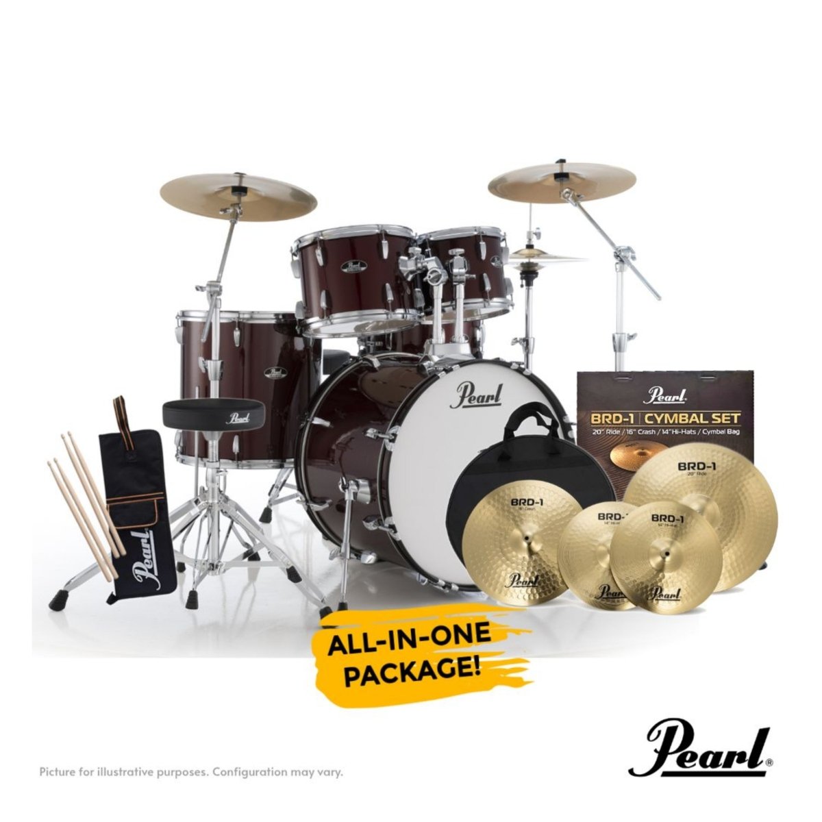 Pearl Roadshow-PLUS 5-PC Drum Kit Package 22/10/12/16 - Red Wine Acoustic Drums Sky Music