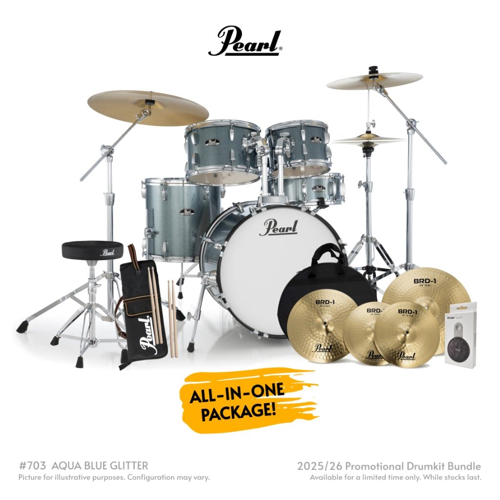 Pearl Roadshow-Plus 5pc 20" with BRD-1 Cymbals Drum Package - Aqua Blue Glitter Acoustic Drums Sky Music