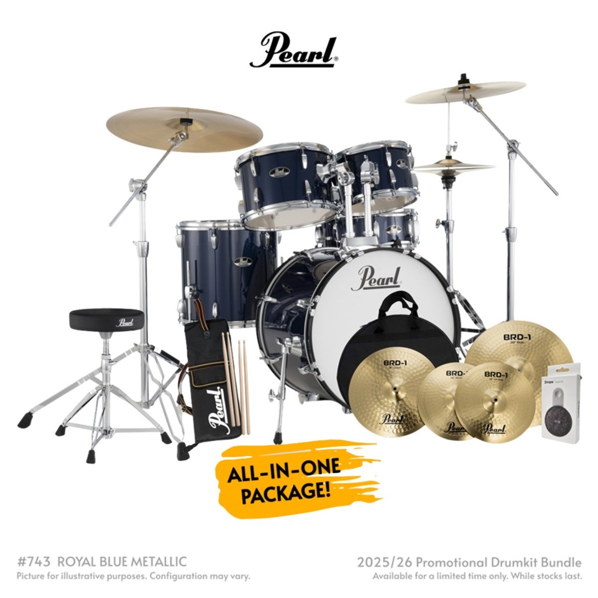 Pearl Roadshow-Plus 5pc 20" with BRD-1 Cymbals Drum Package - Royal Blue Metallic Acoustic Drums Sky Music