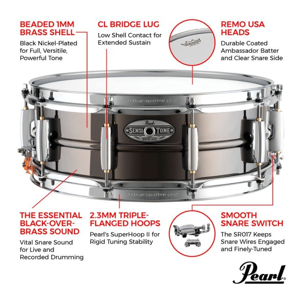 Pearl Sensitone Heritage Alloy 14"x5" Black Nickel over Brass Snare Drum Snare Drums Sky Music