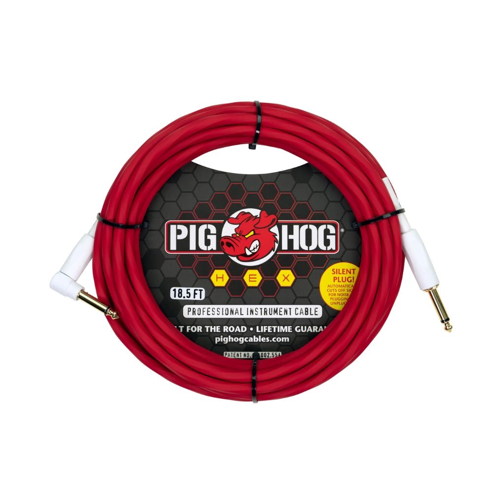 Pig Hog Hex Series Silent Instrument Cable - Candy Apple Red, 18.6ft Right Angle Instrument Cables Sky Music