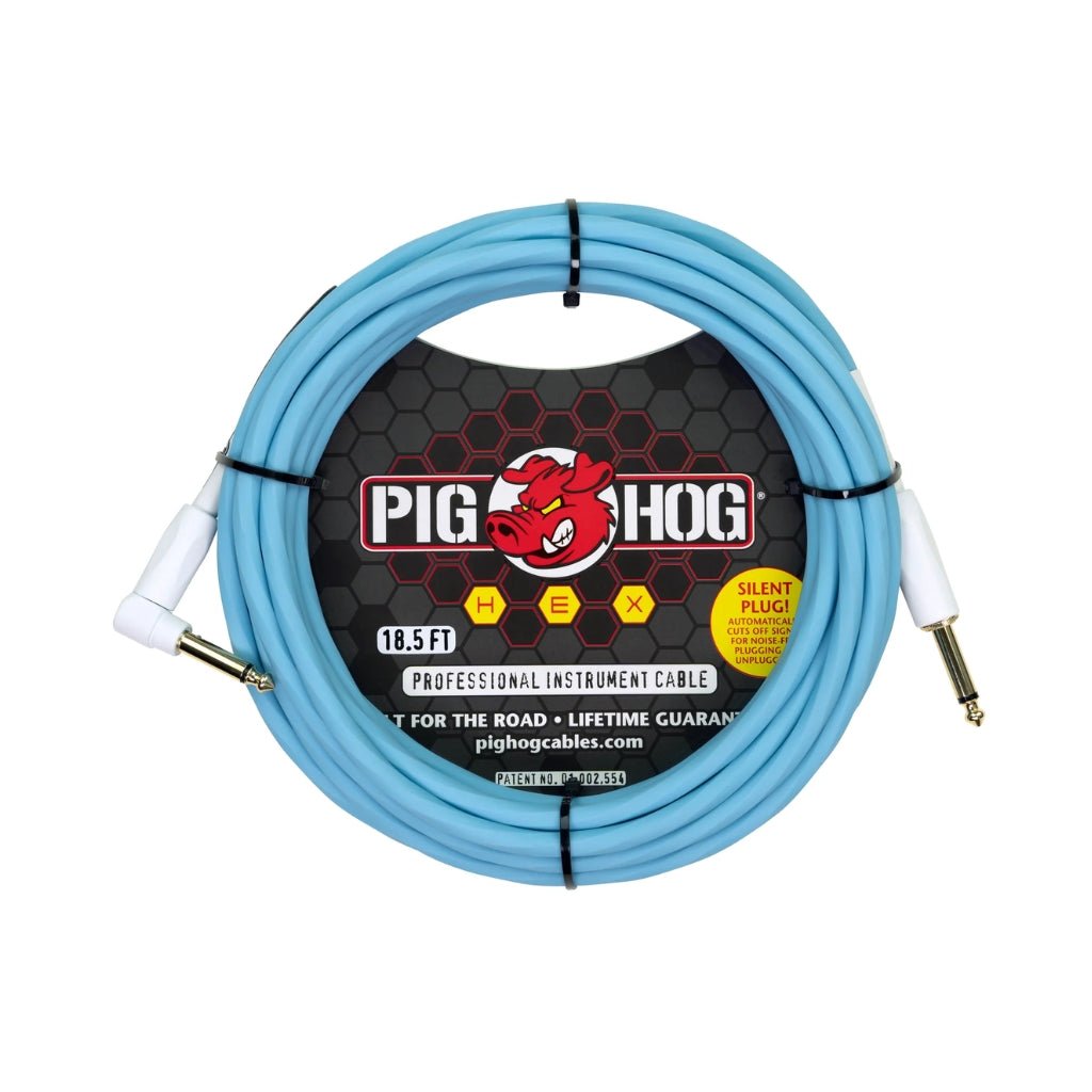 Pig Hog Hex Series Silent Instrument Cable - Daphne Blue, 18.6ft Right Angle Instrument Cables Sky Music