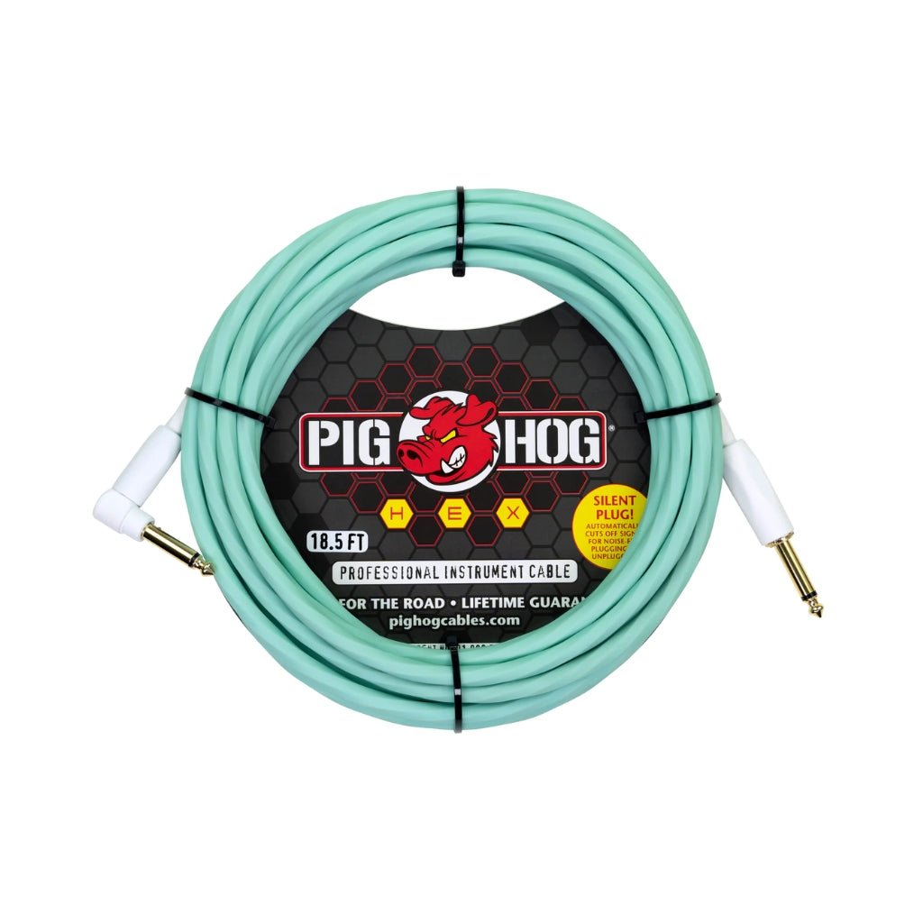 Pig Hog Hex Series Silent Instrument Cable - Seafoam Green, 18.6ft Right Angle Instrument Cables Sky Music