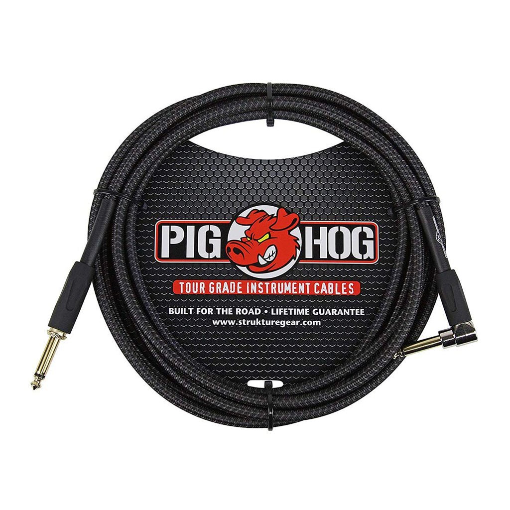 Pig Hog PCH20BKR “Black Woven” Instrument Cable 20ft - Right Angle Instrument Cables Sky Music