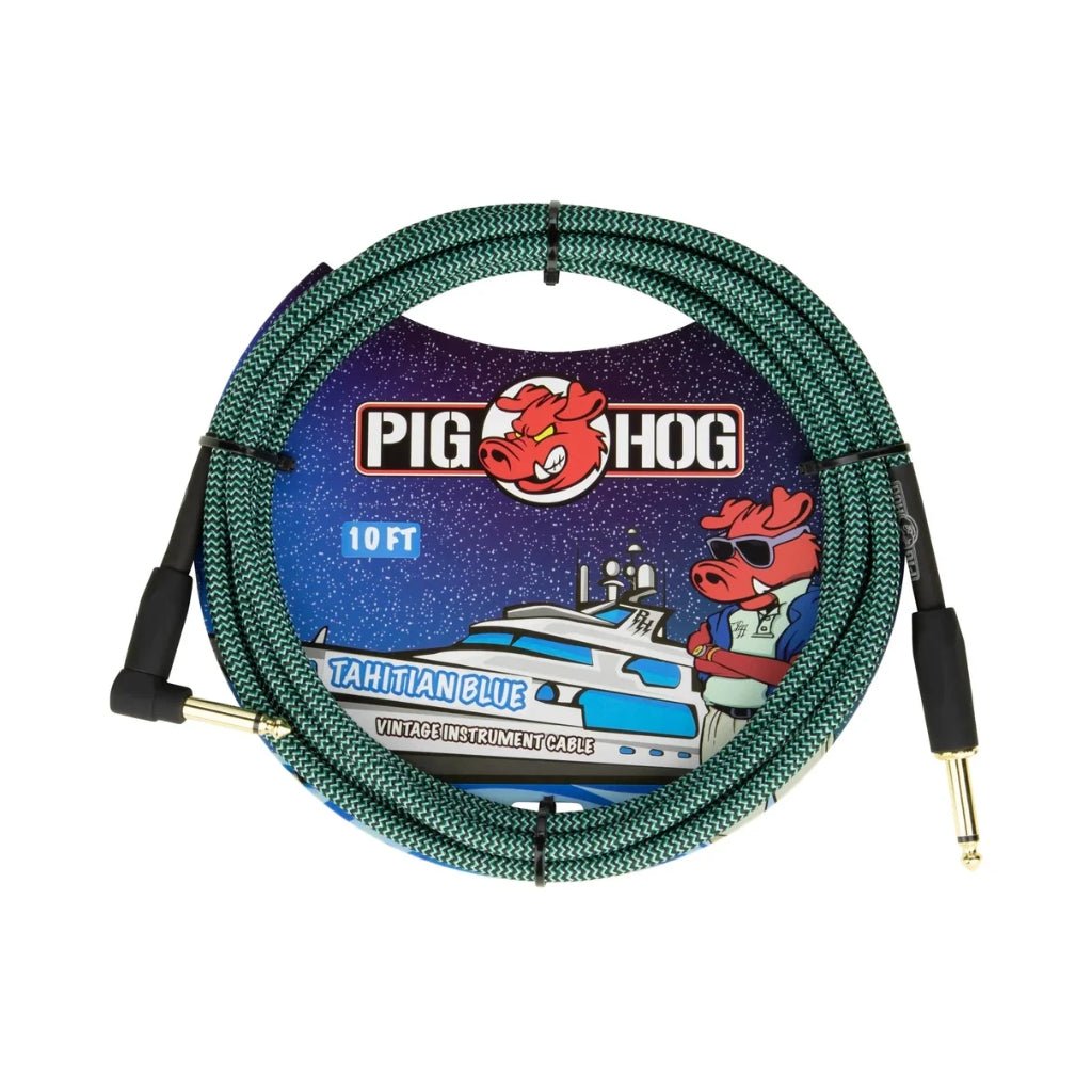Pig Hog Vintage Instrument Cable - Tahitian Blue, 10ft Right Angle to Straight Instrument Cables Sky Music