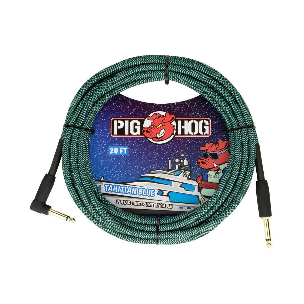 Pig Hog Vintage Instrument Cable - Tahitian Blue, 20ft Right Angle to Straight Instrument Cables Sky Music