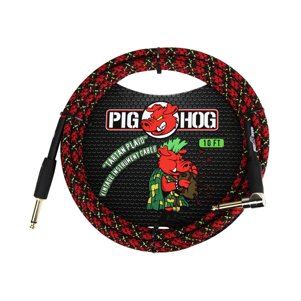 Pig Hog Vintage Instrument Cable - Tartan Plaid, 10ft Right Angle to Straight Instrument Cables Sky Music