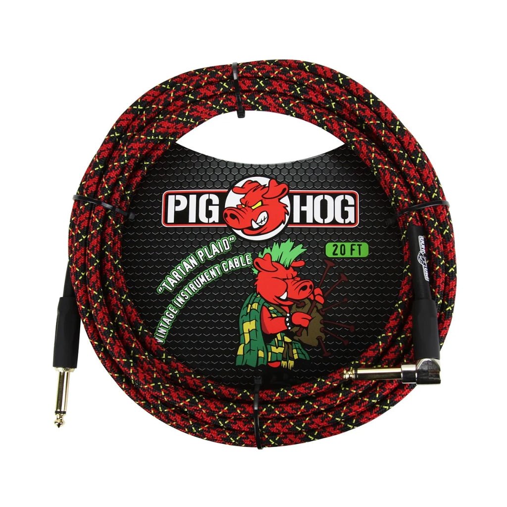 Pig Hog Vintage Instrument Cable - Tartan Plaid, 20ft Right Angle to Straight Instrument Cables Sky Music