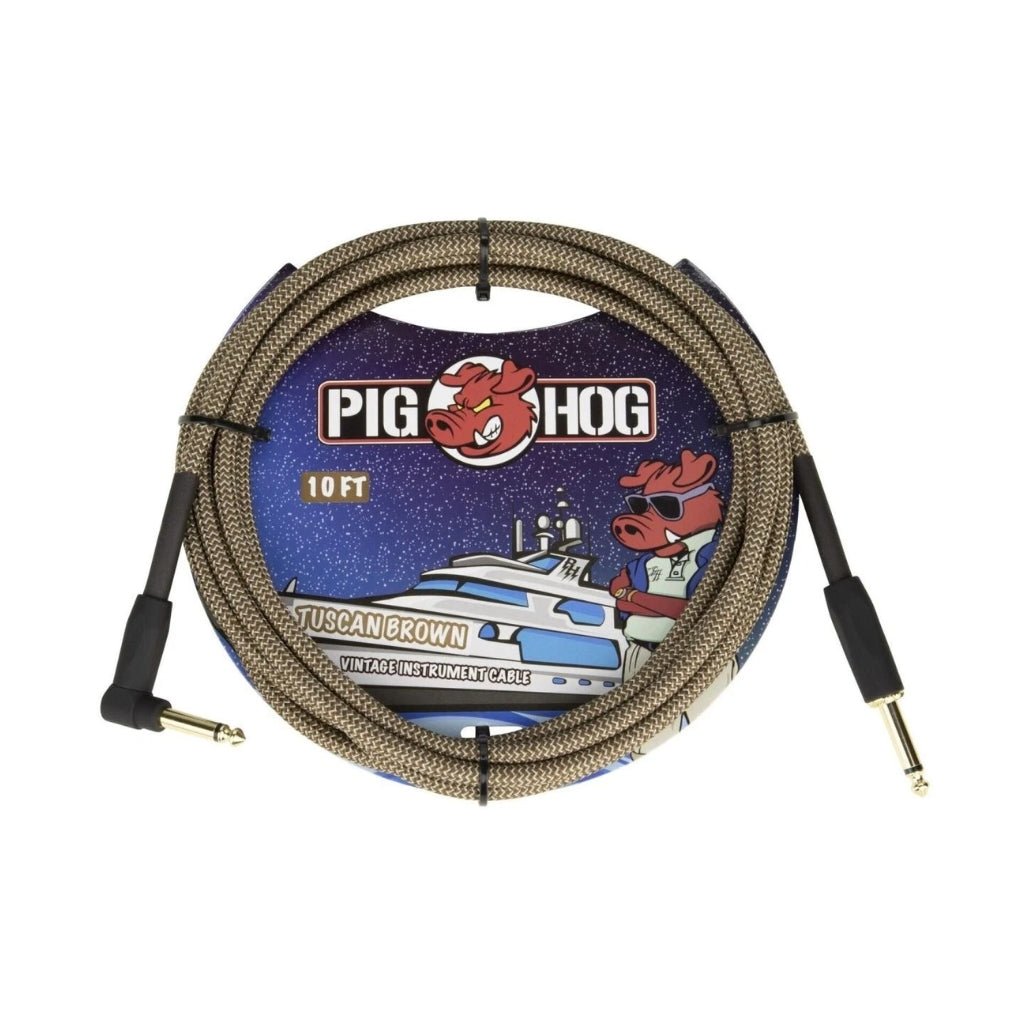 Pig Hog Vintage Instrument Cable - Tuscan Brown, 10ft Right Angle to Straight Instrument Cables Sky Music