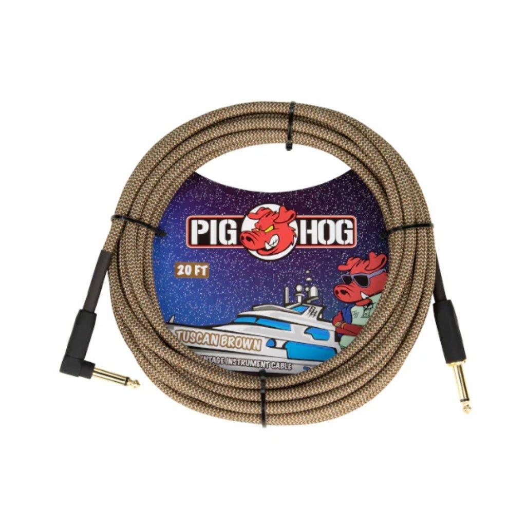 Pig Hog Vintage Instrument Cable - Tuscan Brown, 20ft Right Angle to Straight Instrument Cables Sky Music