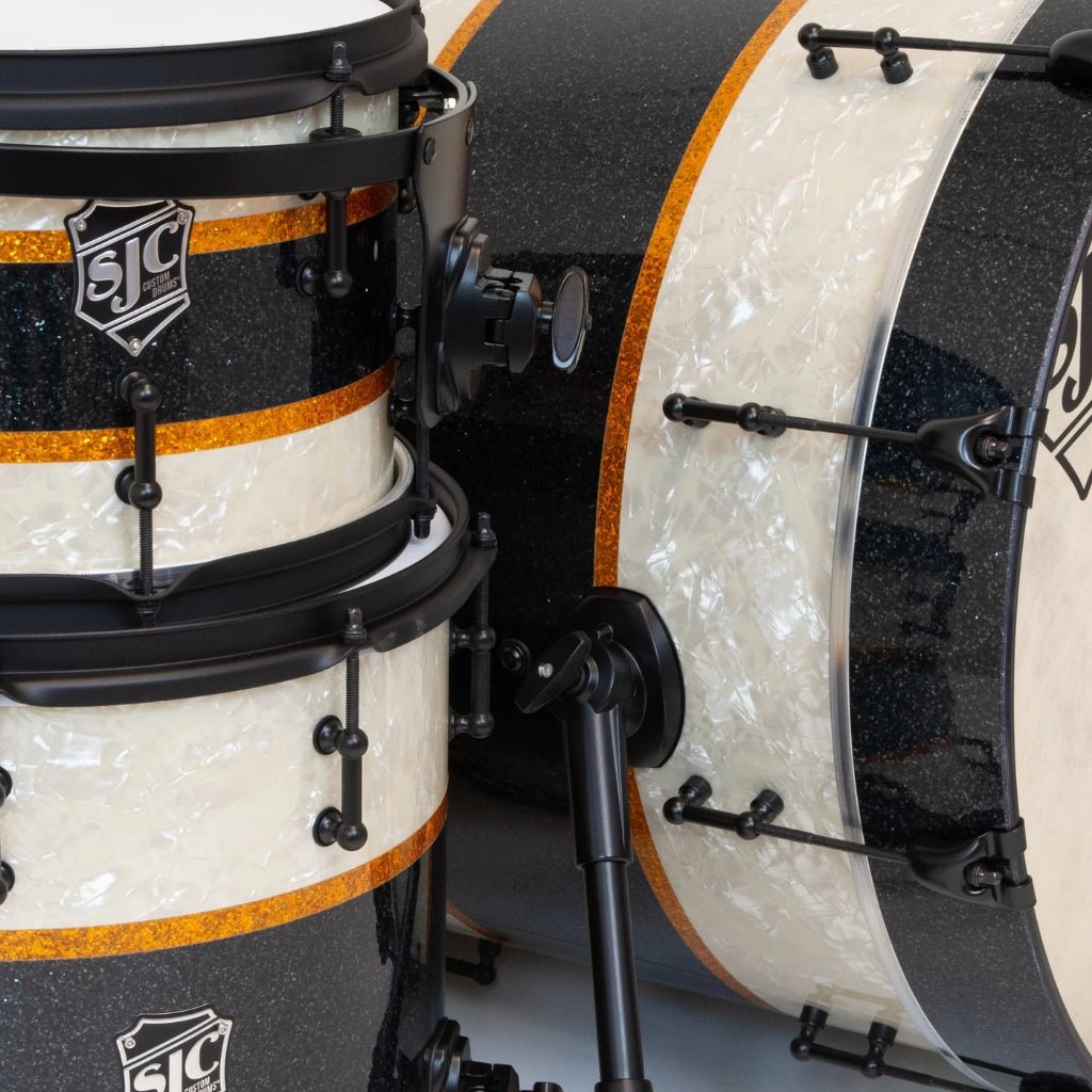SJC Custom Drums 'Rule Of Thirds' 4 Piece Shell Pack - Aged White Pearl & Black/Gold Glitter stripes Acoustic Drums Sky Music