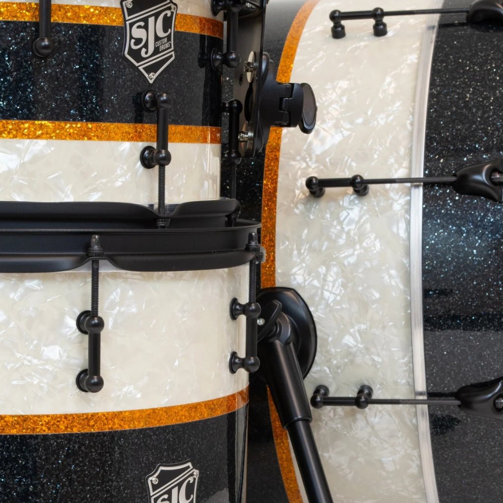 SJC Custom Drums 'Rule Of Thirds' 4 Piece Shell Pack - Aged White Pearl & Black/Gold Glitter stripes Acoustic Drums Sky Music