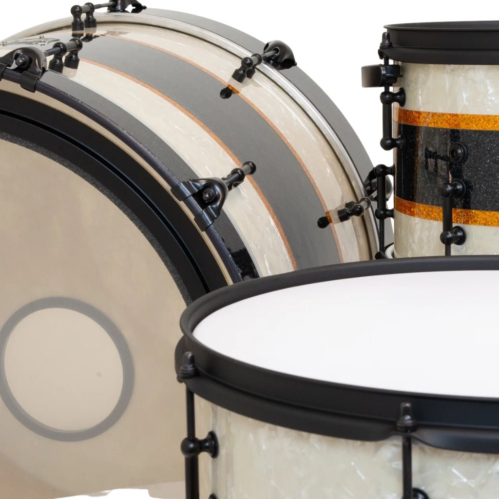 SJC Custom Drums 'Rule Of Thirds' 4 Piece Shell Pack - Aged White Pearl & Black/Gold Glitter stripes Acoustic Drums Sky Music