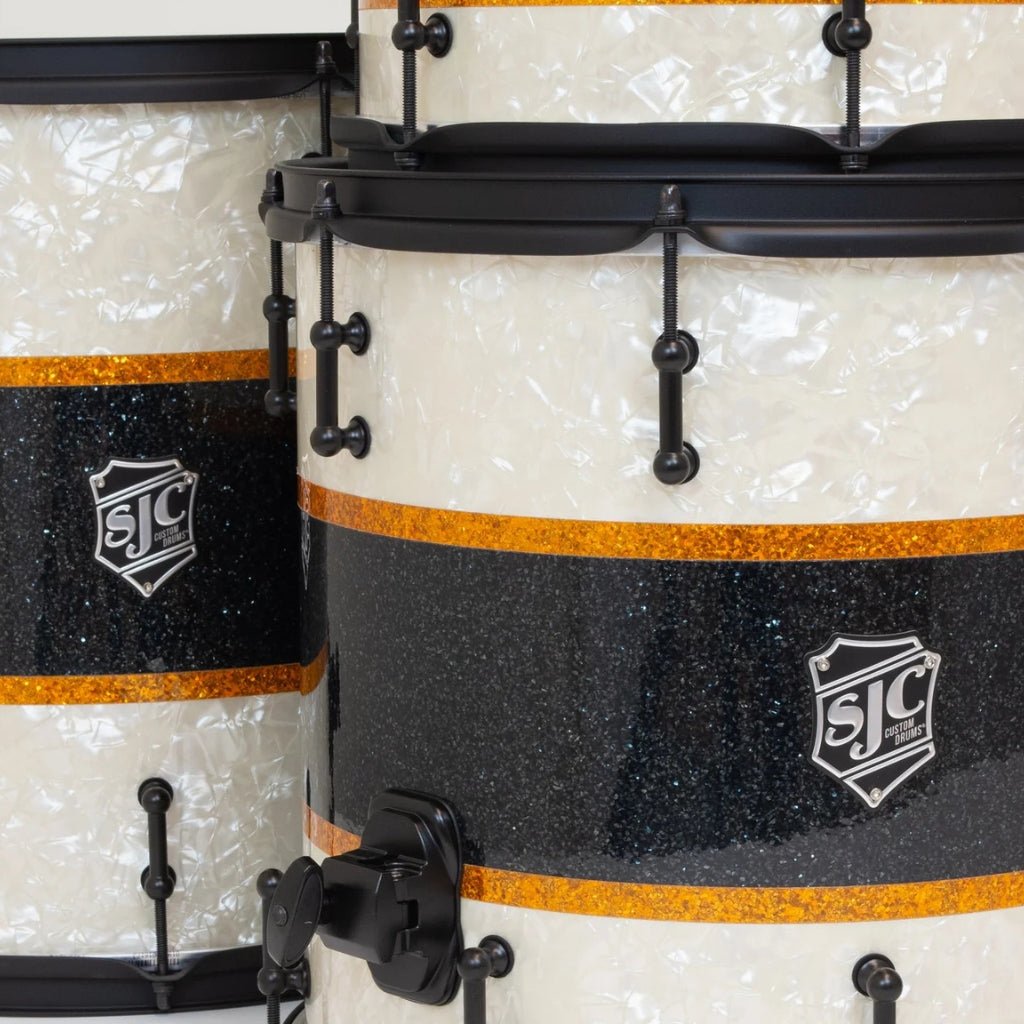 SJC Custom Drums 'Rule Of Thirds' 4 Piece Shell Pack - Aged White Pearl & Black/Gold Glitter stripes Acoustic Drums Sky Music