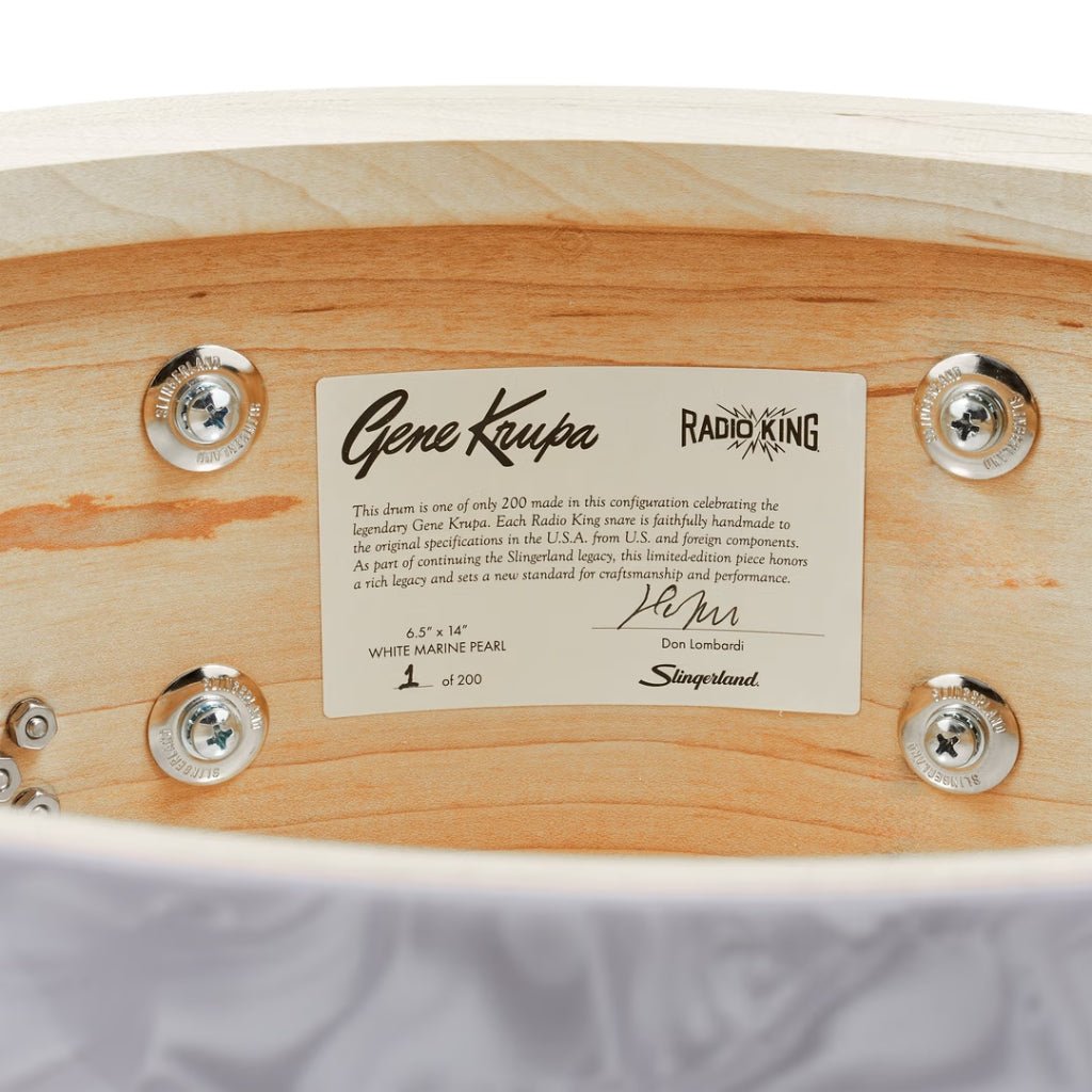 Slingerland Gene Krupa Limited Radio King 6.5"x14" Snare Drum - White Marine Pearl Snare Drums Sky Music