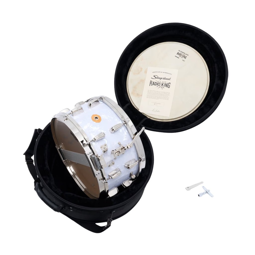 Slingerland Radio King Limited Edition Steam Bent 7" x 14" Snare Drum - White Marine Pearl Wrap Snare Drums Sky Music