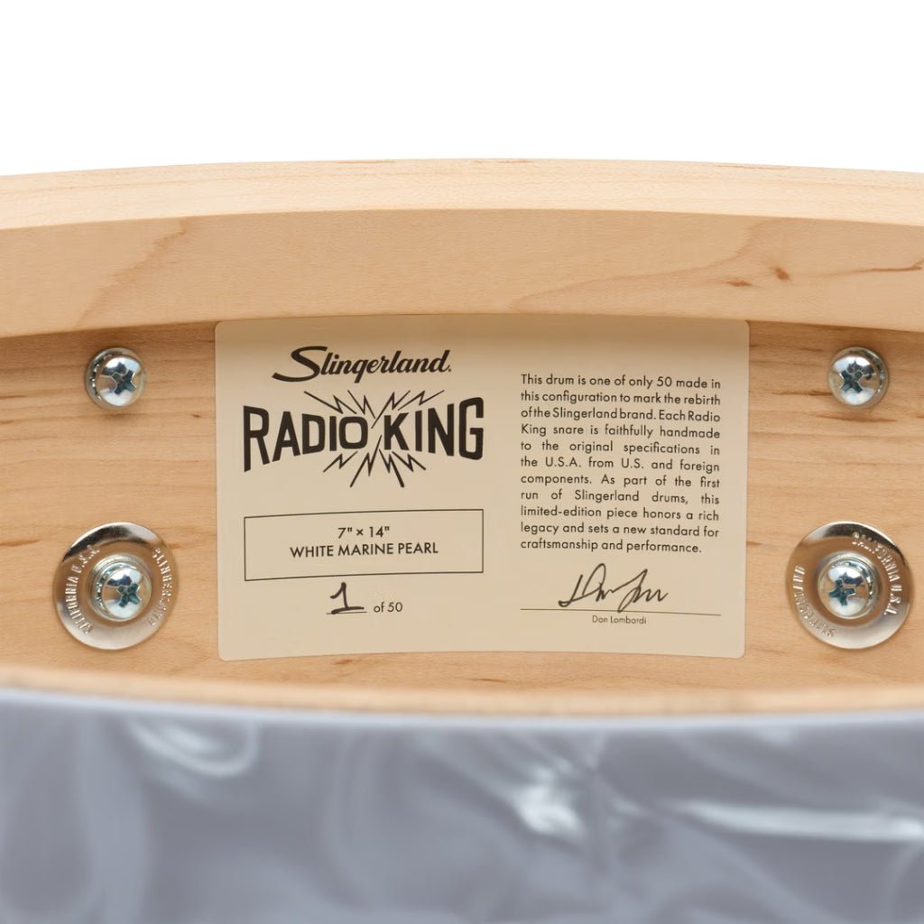 Slingerland Radio King Limited Edition Steam Bent 7" x 14" Snare Drum - White Marine Pearl Wrap Snare Drums Sky Music