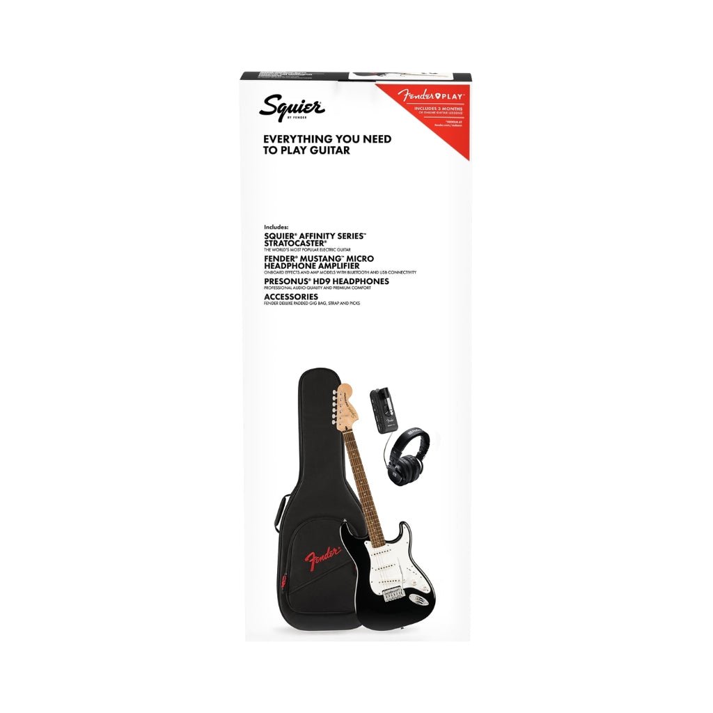Squier Affinity Series Stratocaster Mustang Micro Pack Laurel Fingerboard with Gig Bag - Black Electric Guitars Sky Music