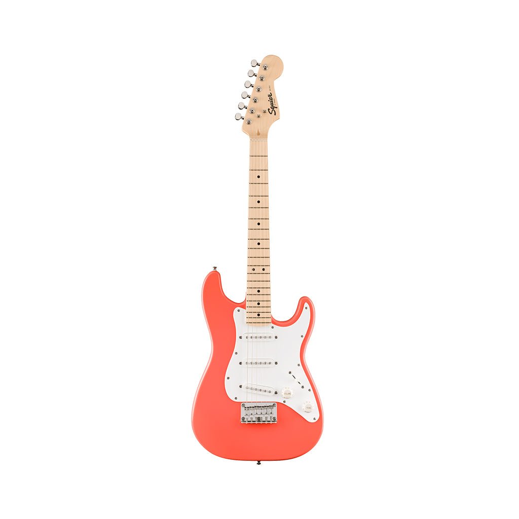 Squier FSR Mini Stratocaster Maple Fingerboard w/White Pickguard - Tahitian Coral Electric Guitars Sky Music