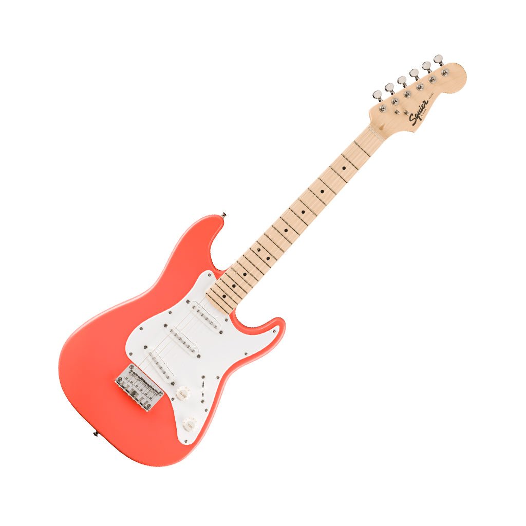 Squier FSR Mini Stratocaster Maple Fingerboard w/White Pickguard - Tahitian Coral Electric Guitars Sky Music