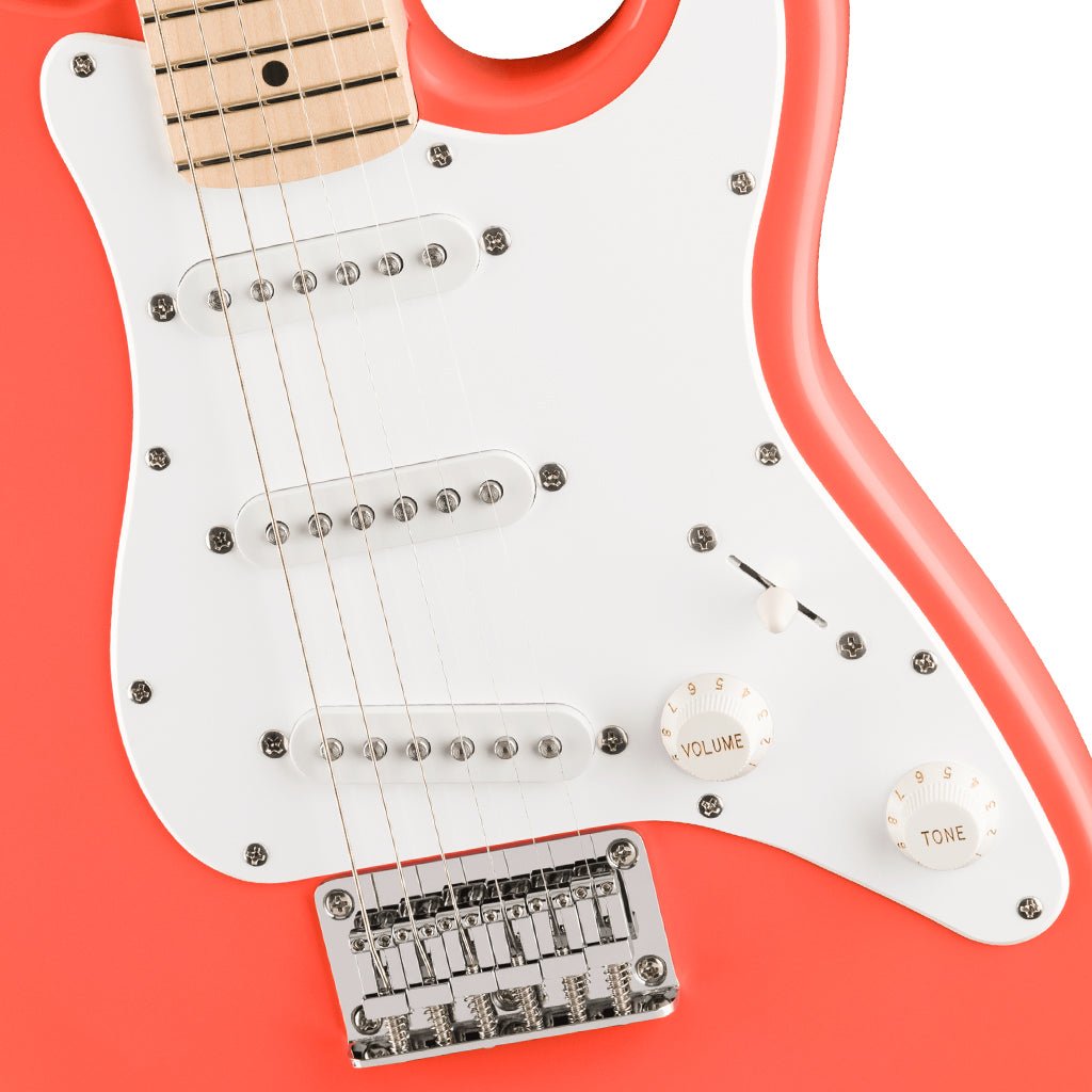 Squier FSR Mini Stratocaster Maple Fingerboard w/White Pickguard - Tahitian Coral Electric Guitars Sky Music