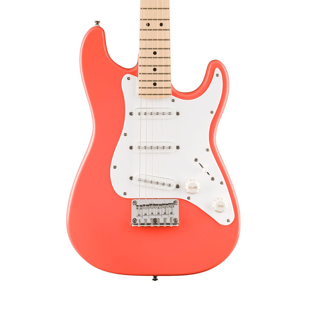 Squier FSR Mini Stratocaster Maple Fingerboard w/White Pickguard - Tahitian Coral Electric Guitars Sky Music