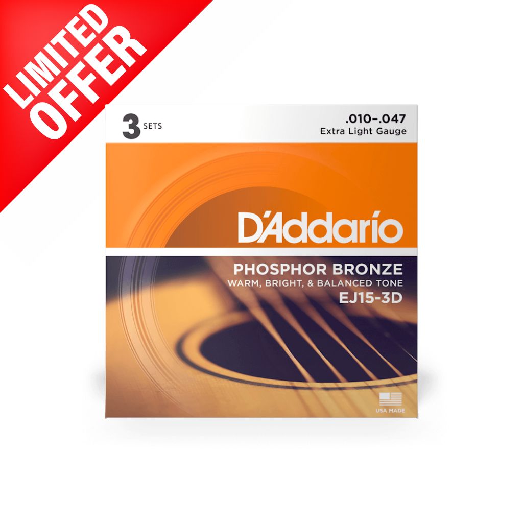 D&#39;Addario - EJ15-3D - 3 Pack Phosphor Bronze Extra Light 10-47 - Acoustic Guitar Strings-Sky Music