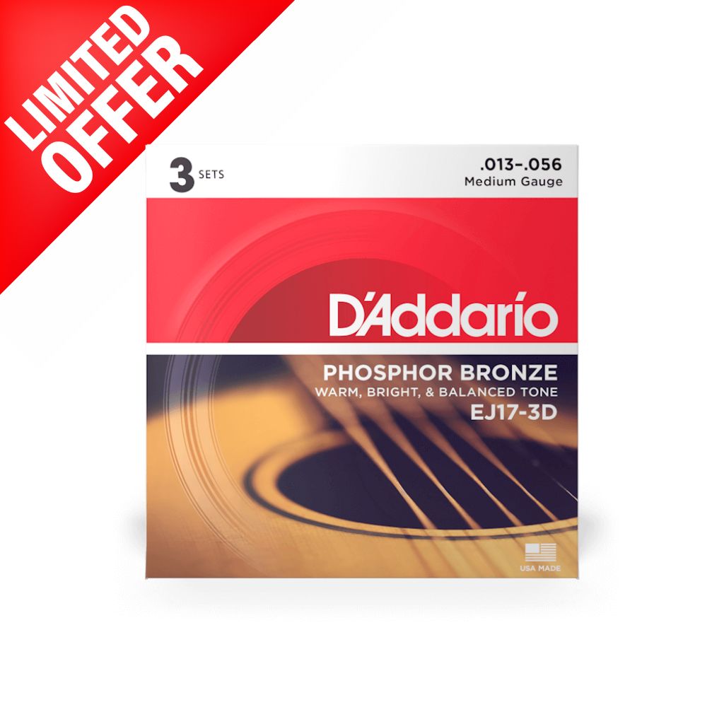 D&#39;Addario - EJ17-3D - 3 Pack Phosphor Bronze Medium 13-56 - Acoustic Guitar Strings-Sky Music