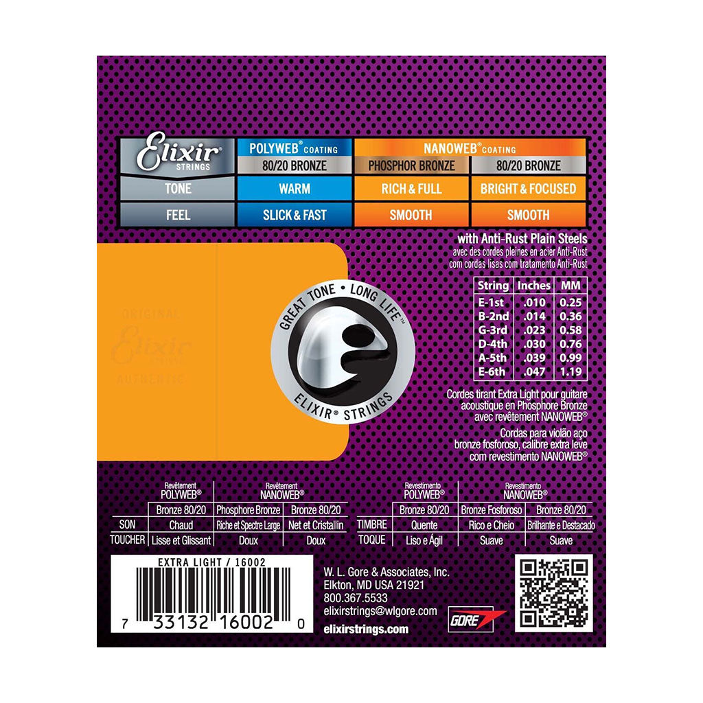 Elixir - 16002 Nanoweb Phosphor Bronze - Extra Light 10-47