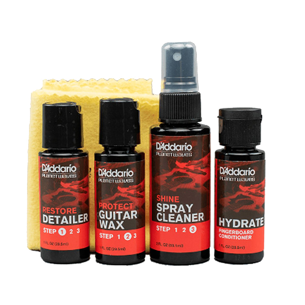 D&#39;Addario Instrument Care Kit with Finish Cleaner, Guitar Wax, Spray Cleaner, Fingerboard Conditioner, and Cotton Polishing Cloth-Sky Music