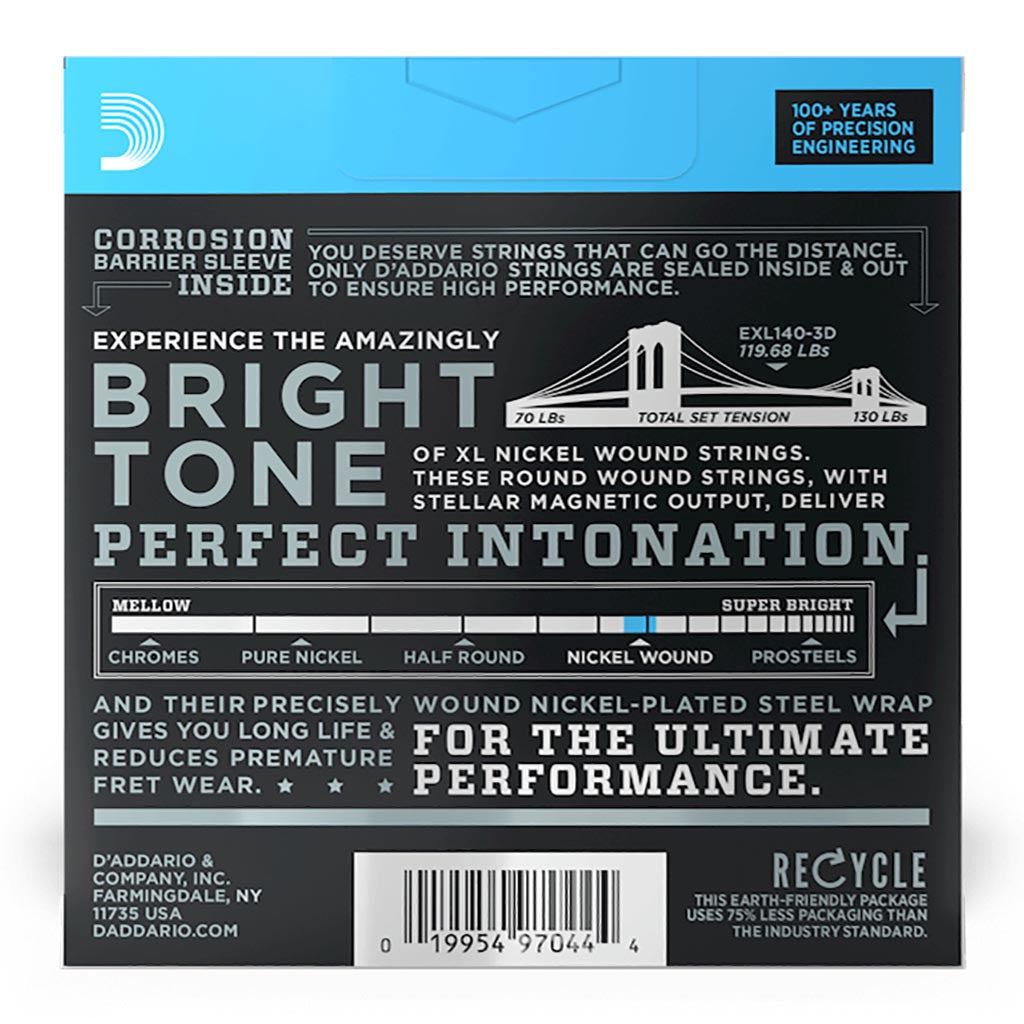 D'Addario - EXL140-3D - 3 Pack Nickel Wound Light Top Heavy Bottom 10-52 - Electric Guitar Strings