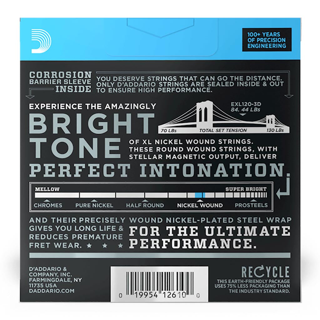 D'Addario - EXL120-3D - 3 Pack Nickel Wound Super Light 9-42 - Electric Guitar Strings