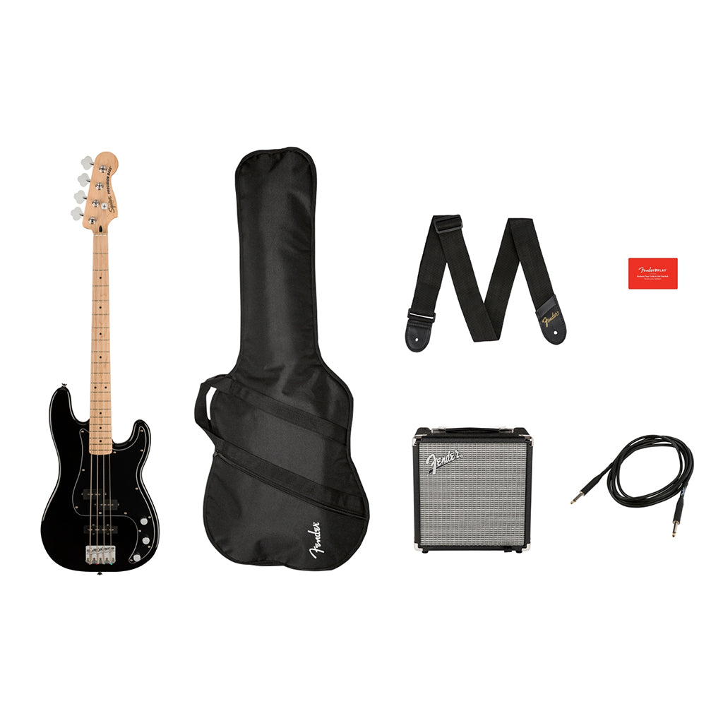 Squier Affinity Series Precision Bass PJ Pack Maple Fingerboard Black Gig Bag Rumble 15 240V AU