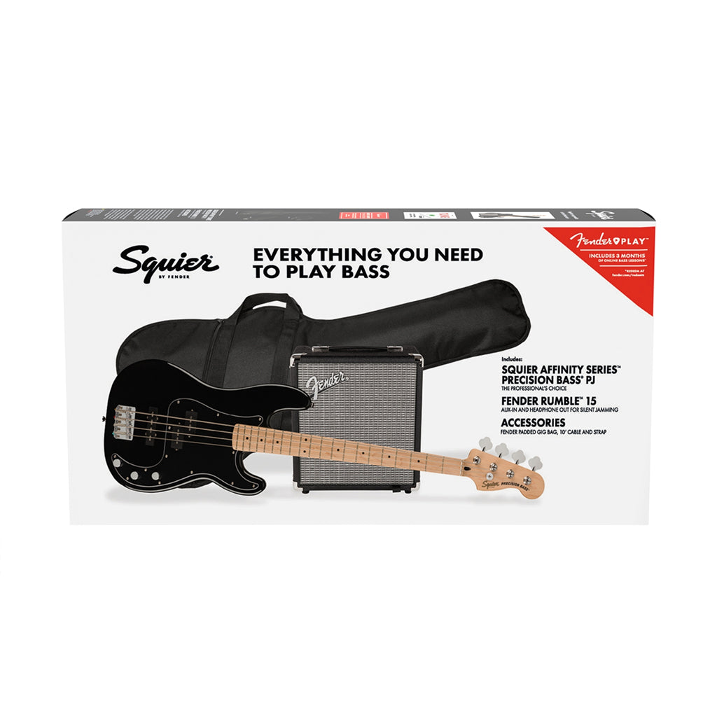 Squier Affinity Series Precision Bass PJ Pack Maple Fingerboard Black Gig Bag Rumble 15 240V AU